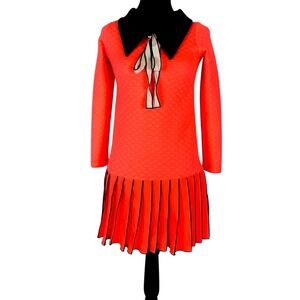 LanOOSH "I am a Lioness" Quilted Collared Dress With Bow Orange Black Pleated